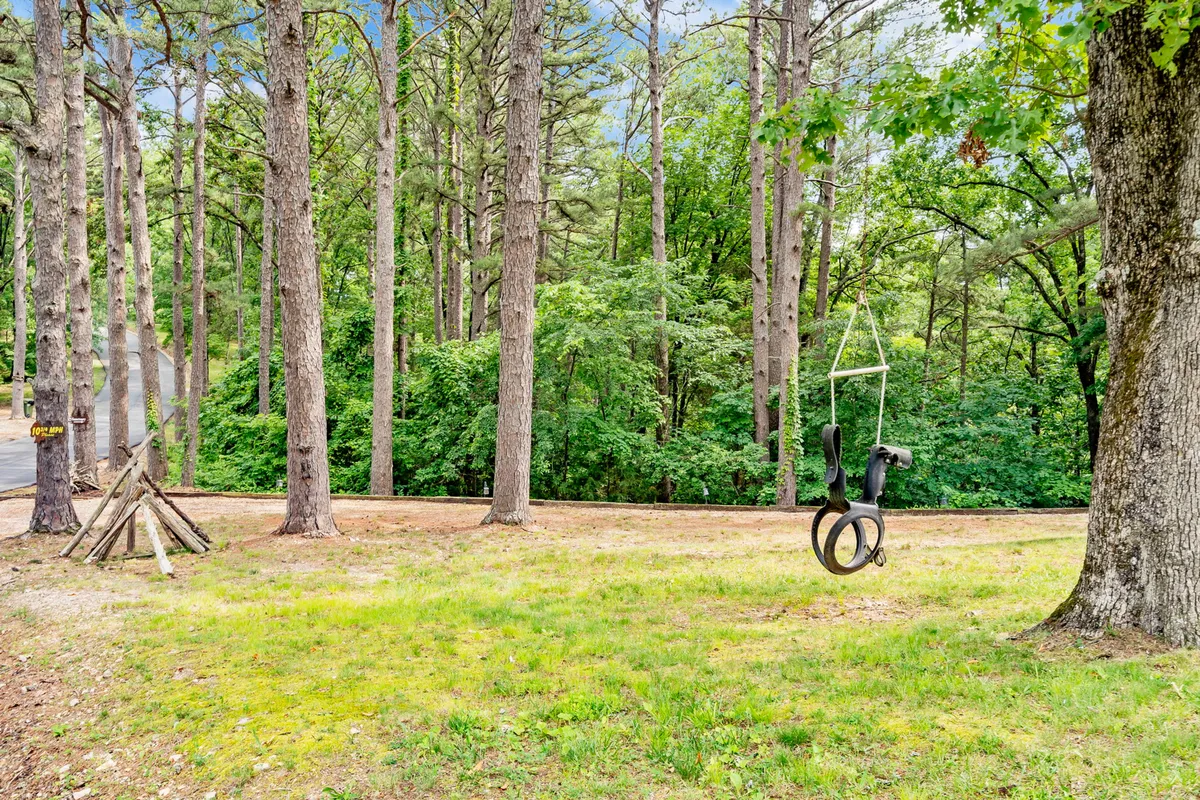 A playful tire swing hangs from a sturdy tree branch, surrounded by a sprawling, sunlit grassy area and leafy trees. The scene is tranquil and inviting, evoking a sense of carefree childhood fun and time spent outdoors as a family.
