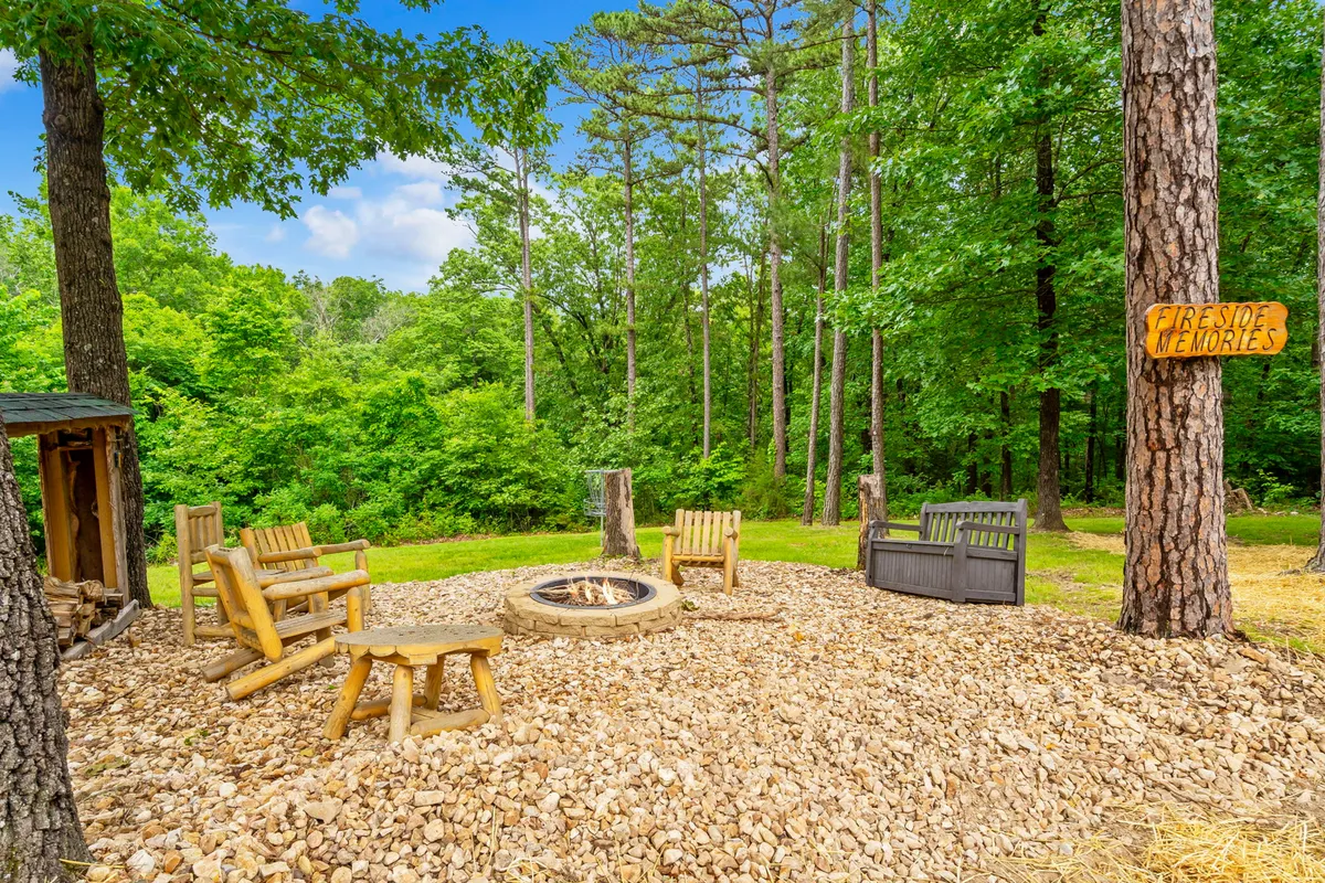 A cozy outdoor firepit area with wooden log seating, a welcoming 'Fireside Memories' sign, and a backdrop of trees. The scene hints at evenings spent gathered around the fire, telling stories and making s’mores.